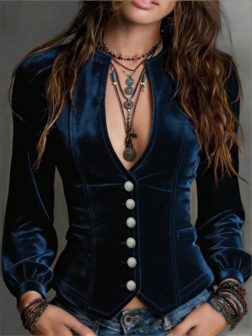 Blue Elegant Women's Notched V-Neck Regular Slim Fit Button Blouse